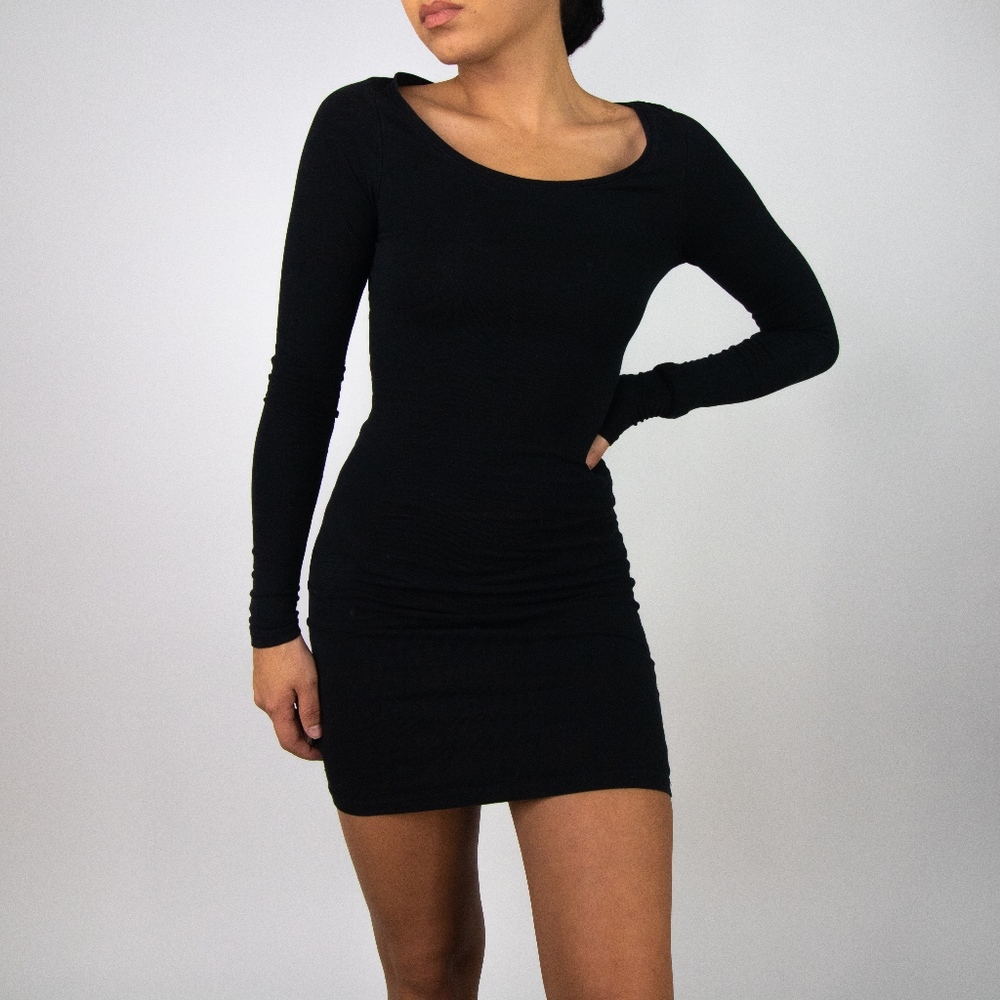 Simple Black Long Sleeve Mini Dress